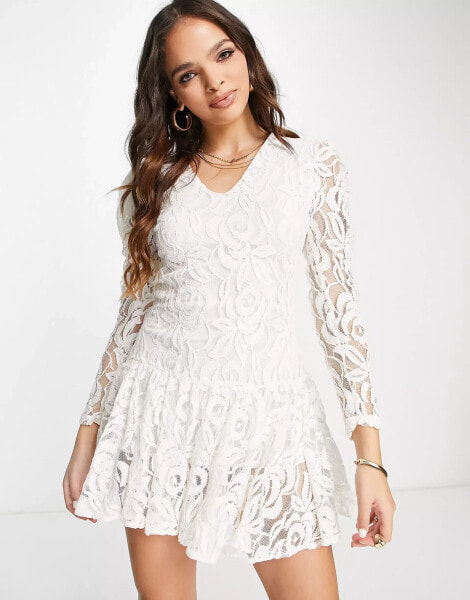 John Zack drop hem mini lace dress in white