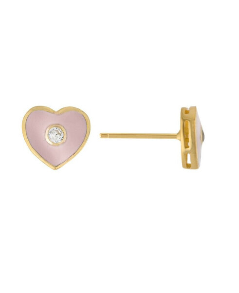 Clear Cubic Zirconia and Pink Enameled Heart Stud Earrings