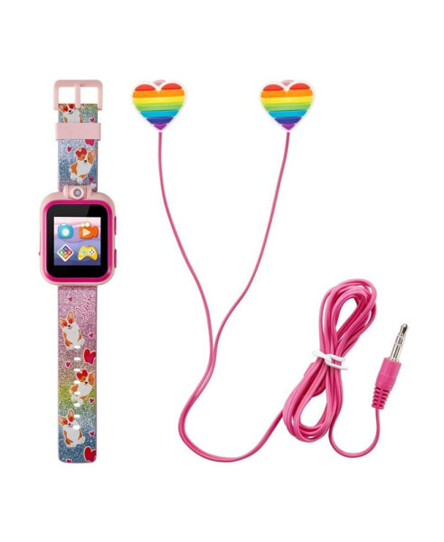 Kid's Rainbow Glitter Corgi Dog Silicone Strap Touchscreen Smart Watch 42mm with Earbuds Gift Set