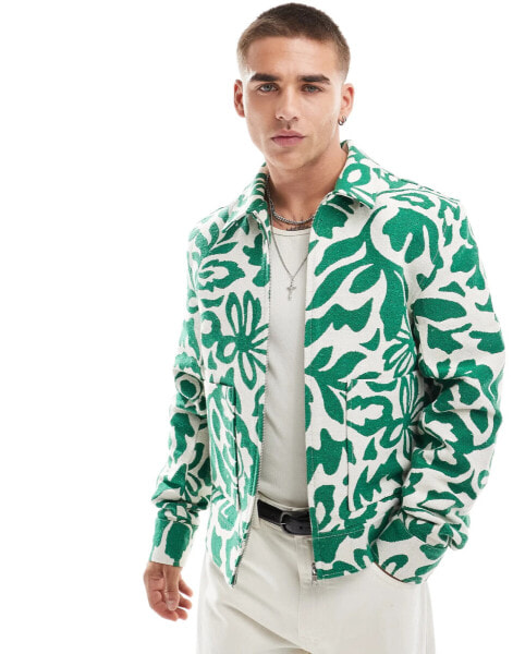 ASOS DESIGN floral jacquard harrington jacket in green