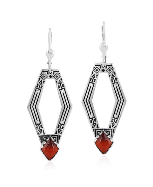 Sterling Silver and Geometric Shape Red Agate Gemstone Lever Back Earrings