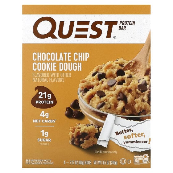 Protein Bar, Chocolate Chip Cookie Dough, 4 Bars, 2.12 oz (60 g) Each