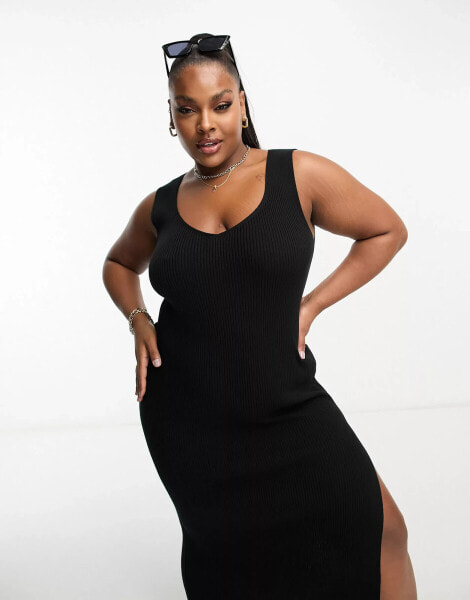 ASOS DESIGN Curve – Midi-Strickkleid in Schwarz mit V-Ausschnitt