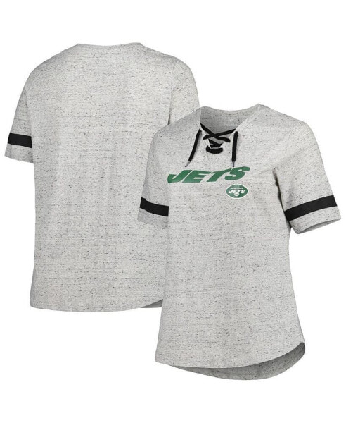 Women's Heather Gray New York Jets Plus Size Lace-Up V-Neck T-shirt