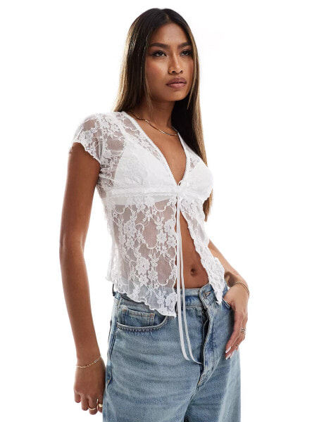 ASOS DESIGN lace tie front short sleeve top in ivory