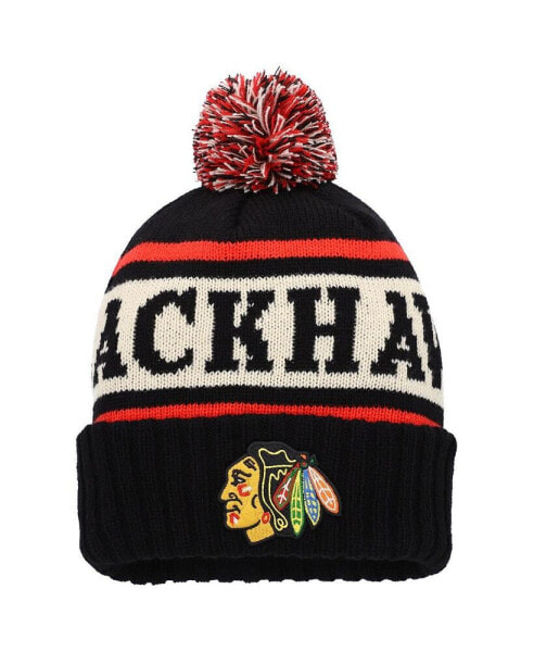 Men's Black, White Chicago Blackhawks Pillow Line Cuffed Knit Hat with Pom