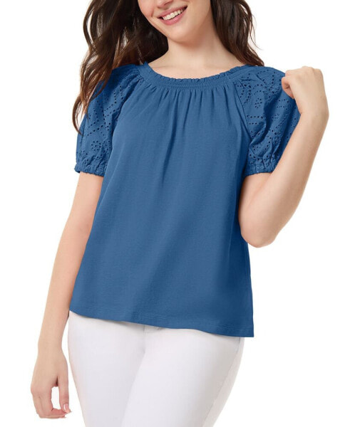 Petite Embroidered-Sleeve Smocked-Neck Top
