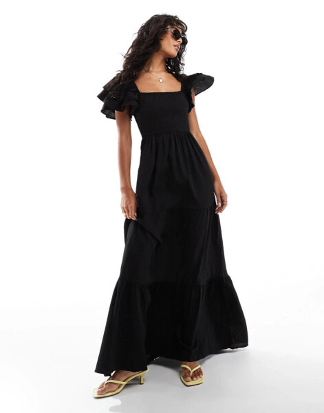 Pretty Lavish ruffle sleeve empire shirred maxi dress in black