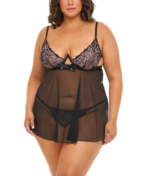 Plus Size Riley Empire Waist Babydoll with Bow and G-string Set