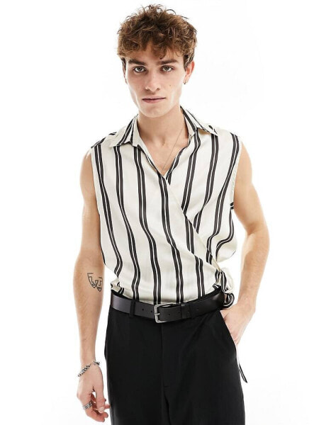 ASOS DESIGN relaxed deep revere shirt with ruched front in satin stripe