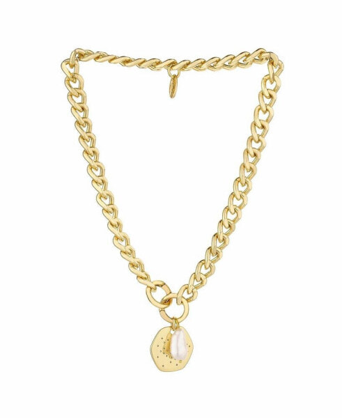 18K Gold Plated Chunky Chain and Disc with Cultured Freshwater Pearl Necklace