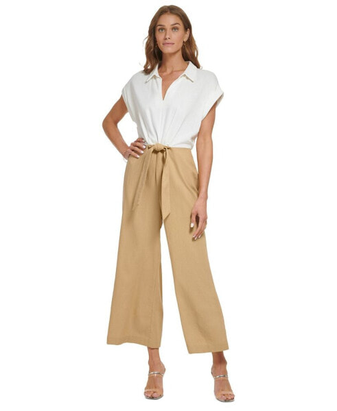 Women's Collared Tie-Front Wide-Leg Jumpsuit