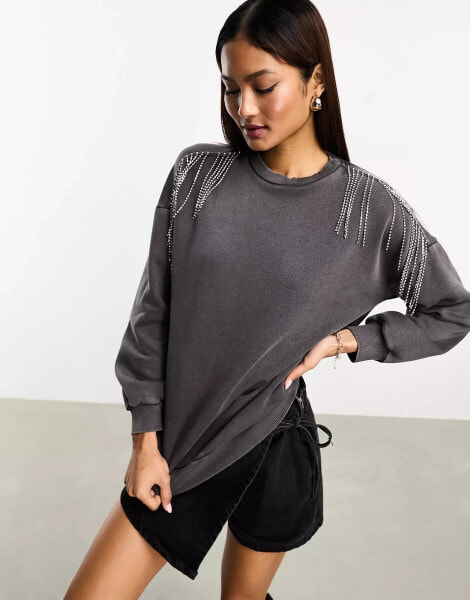 Miss Selfridge embellished oversized sweat in acid charcoal