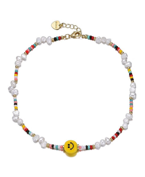 14k Yellow Gold Plated Multi Color Beads Necklace with Freshwater Pearls and a Smiley Charm for Kids