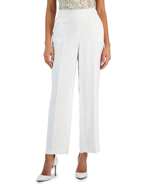 Petite Linen-Blend Straight-Leg Elastic-Back Pull-On Pants