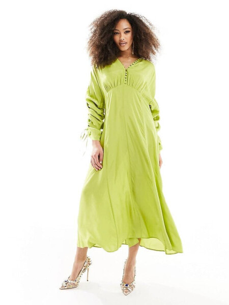 & Other Stories drapey midaxi dress with ruche tie volume sleeves in green