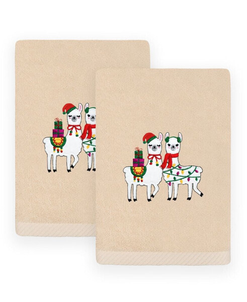 Christmas Llamas Embroidered Luxury 100% Turkish Cotton Hand Towels, 2 Piece Set
