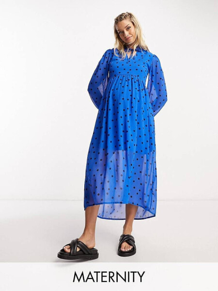 Wednesday's Girl Maternity tiered polka dot midi smock dress in blue