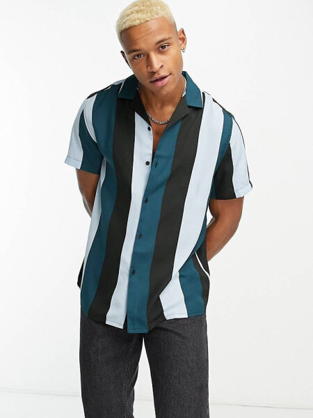 ASOS DESIGN relaxed revere retro stripe shirt in blue