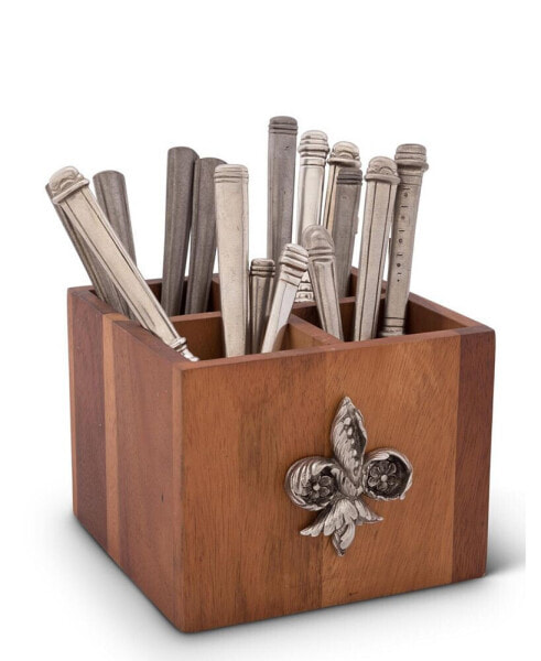 Square Caddy Acacia Wood Flatware, Serve Ware, Utensil, Carry-All Holder with Solid Pewter Fleur De Lis Accent, 4 Compartments