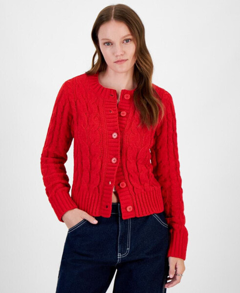 Juniors' Crewneck Chunky Cable-Knit Cardigan