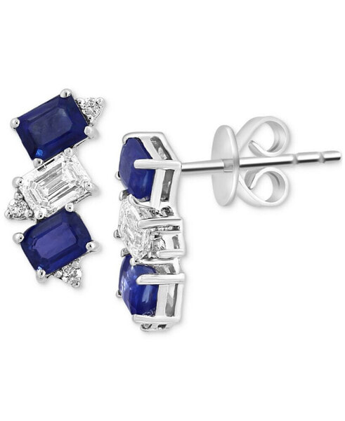 EFFY® Blue Sapphire (1-1/2 ct. t.w.), White Sapphire (1/2 ct. t.w.) & Diamond (1/20 ct. t.w.) Emerald-Cut Stud Earrings in Sterling Silver