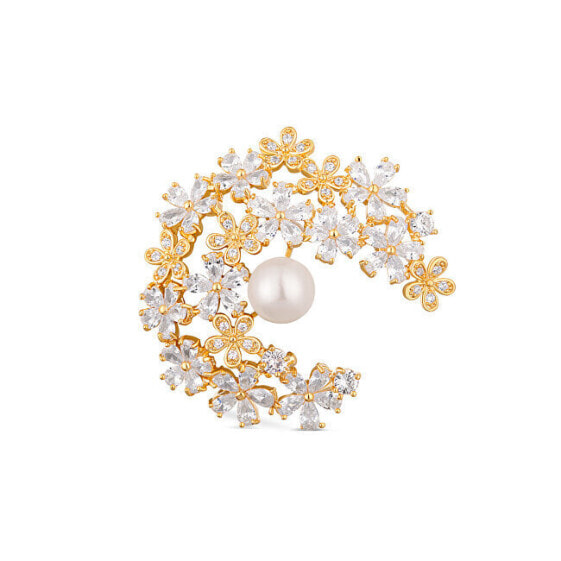 Glittering gilded brooch 2in1 with real pearl and crystals JL0730
