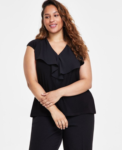 Plus Size Solid Ruffled V-Neck Cap-Sleeve Blouse