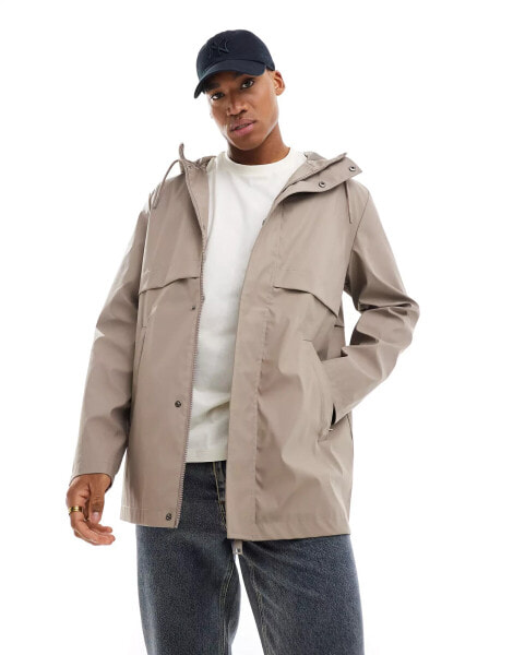 ASOS DESIGN shower resistant rubberised rain jacket in brown