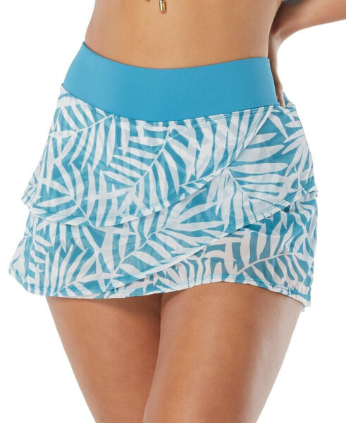 Women's Palm-Print Mesh Layered Swim Skort