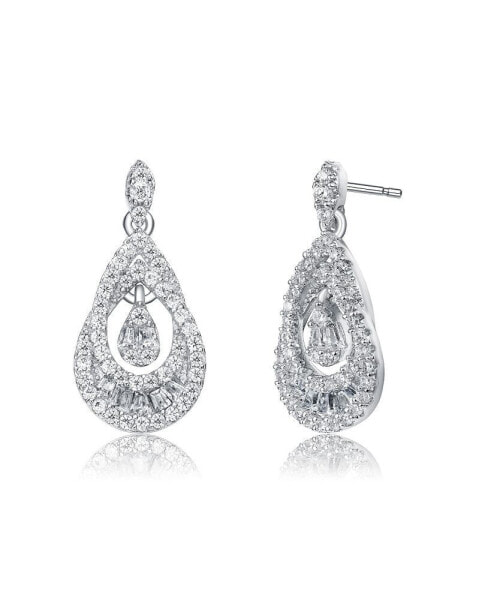 Sterling Silver White Gold Plated Clear Round Cubic Zirconia Double Pear Drop Earrings
