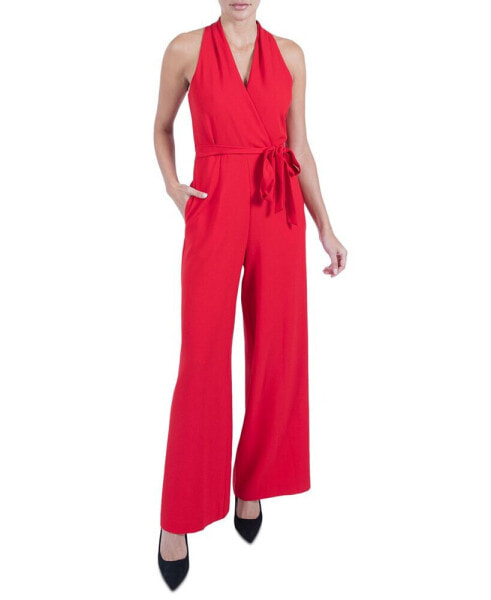 Women's Belted Wide-Leg Halter Jumpsuit