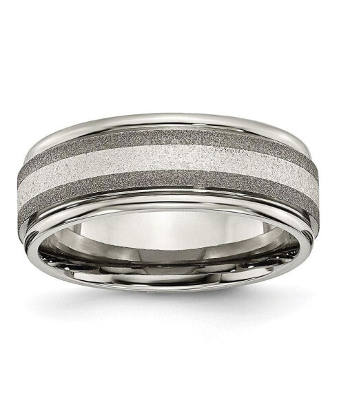 Titanium Sterling Silver Inlay Stone Finish Grooved Band Ring