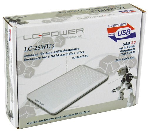 LC-Power LC-25WU3 - 2.5" - Serial ATA - Serial ATA II - Serial ATA III - 5 Gbit/s - Aluminium - White