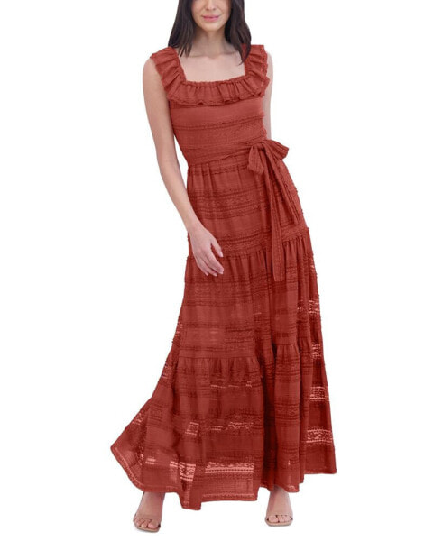 Women's Lace Ruffled Square-Neck Maxi Dress