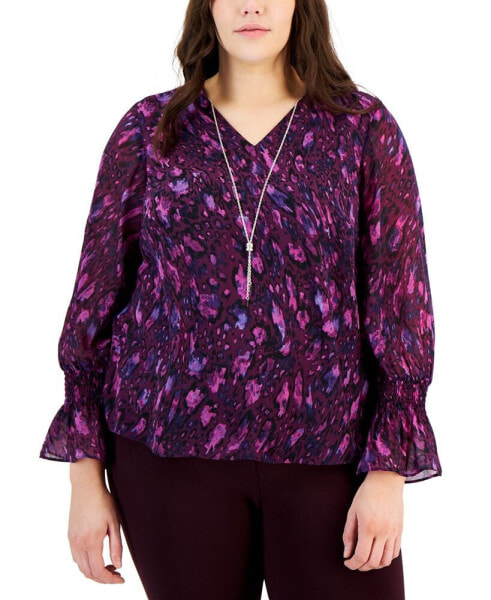 Plus Size Glam Animal-Print Smocked-Sleeve Necklace Top, Created for Macy's