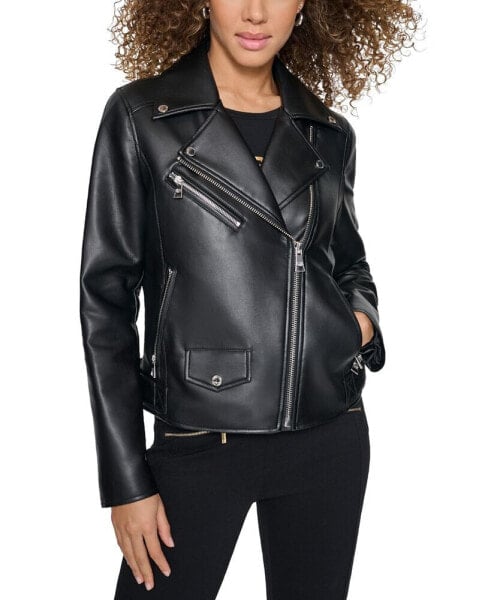 Petite Faux-Leather Asymmetric Moto Coat, Created for Macy's