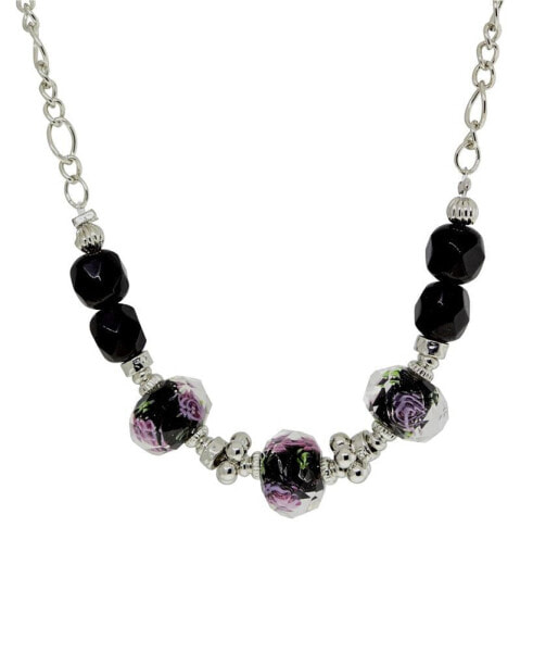 Silver-Tone Black Floral Beaded Necklace