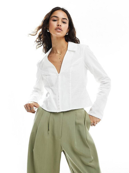 Miss Selfridge poplin fitted corset detail shirt in white 