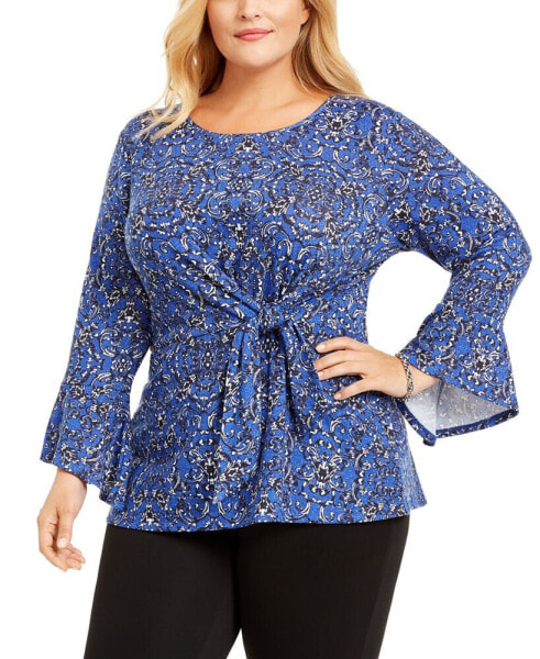 Plus Size Printed Tie-Waist Bell-Sleeve Top