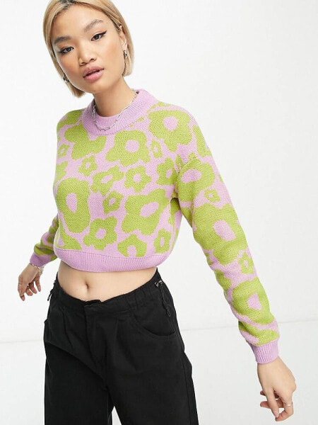 Noisy May cropped jumper in lime & purple floral