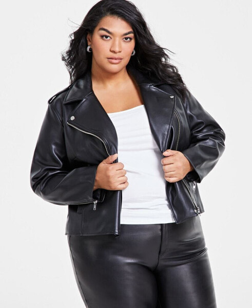 Plus Size Faux-Leather Moto Jacket, Created for Macy's