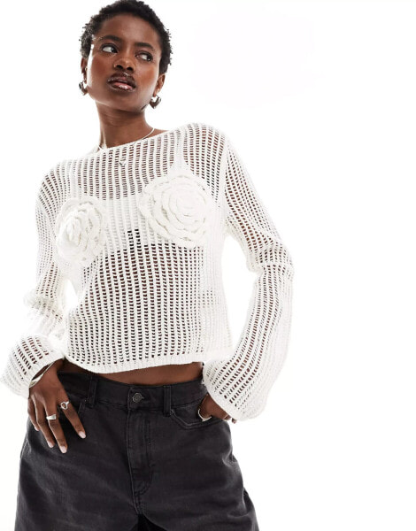 Monki long sleeve crochet top with rose detail in white