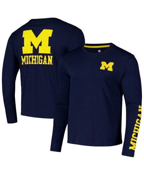 Men's Navy Michigan Wolverines Logo Lockup 3-Hit Active Blend Long Sleeve T-Shirt