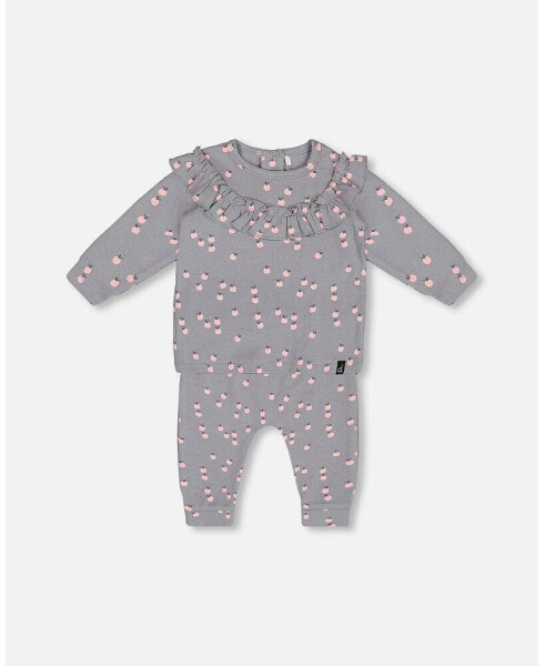 Baby Girls Baby Printed Organic Cotton Top And Pants Set Gray With Apples