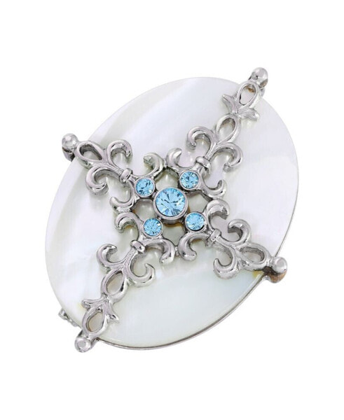 Silver-Tone Aqua and Imitation Pearl Cross Brooch