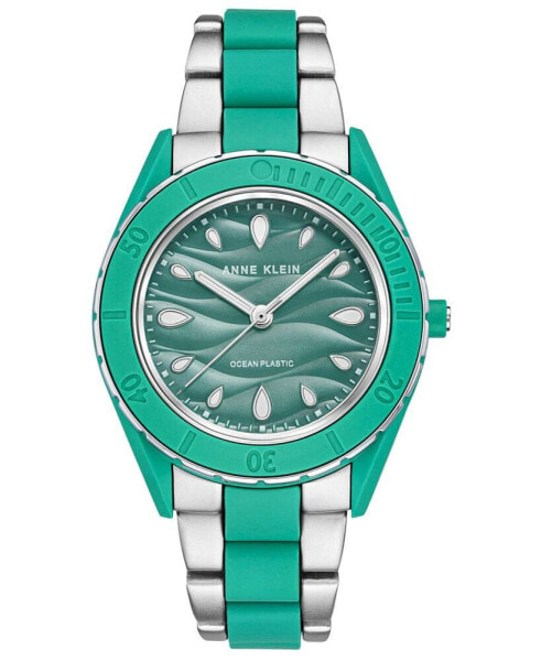 Women's Silver-Tone and Pastel Green Solar Ocean Work Plastic Bracelet Watch, 38.5mm