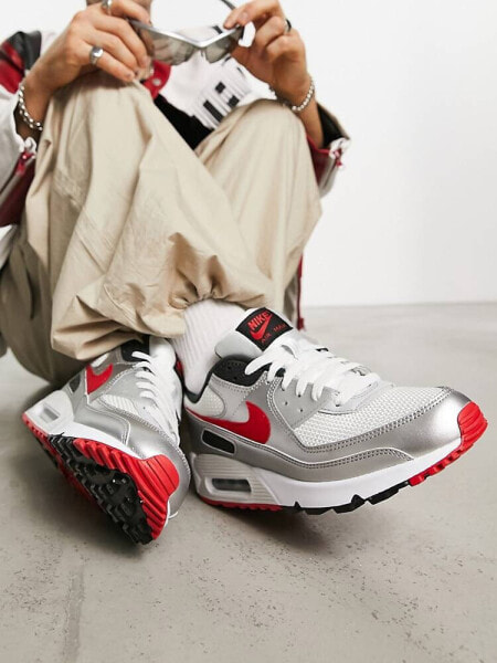 Nike Air Max 90 Icon trainers in silver and red