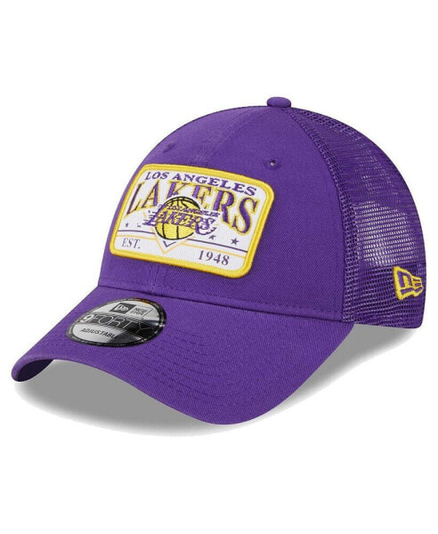 Men's Purple Los Angeles Lakers Plate Oversized Patch Trucker 9Forty Adjustable Hat