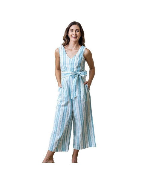 Women's Woven Sleeveless Tie-Waist Jumpsuit with Wide Leg